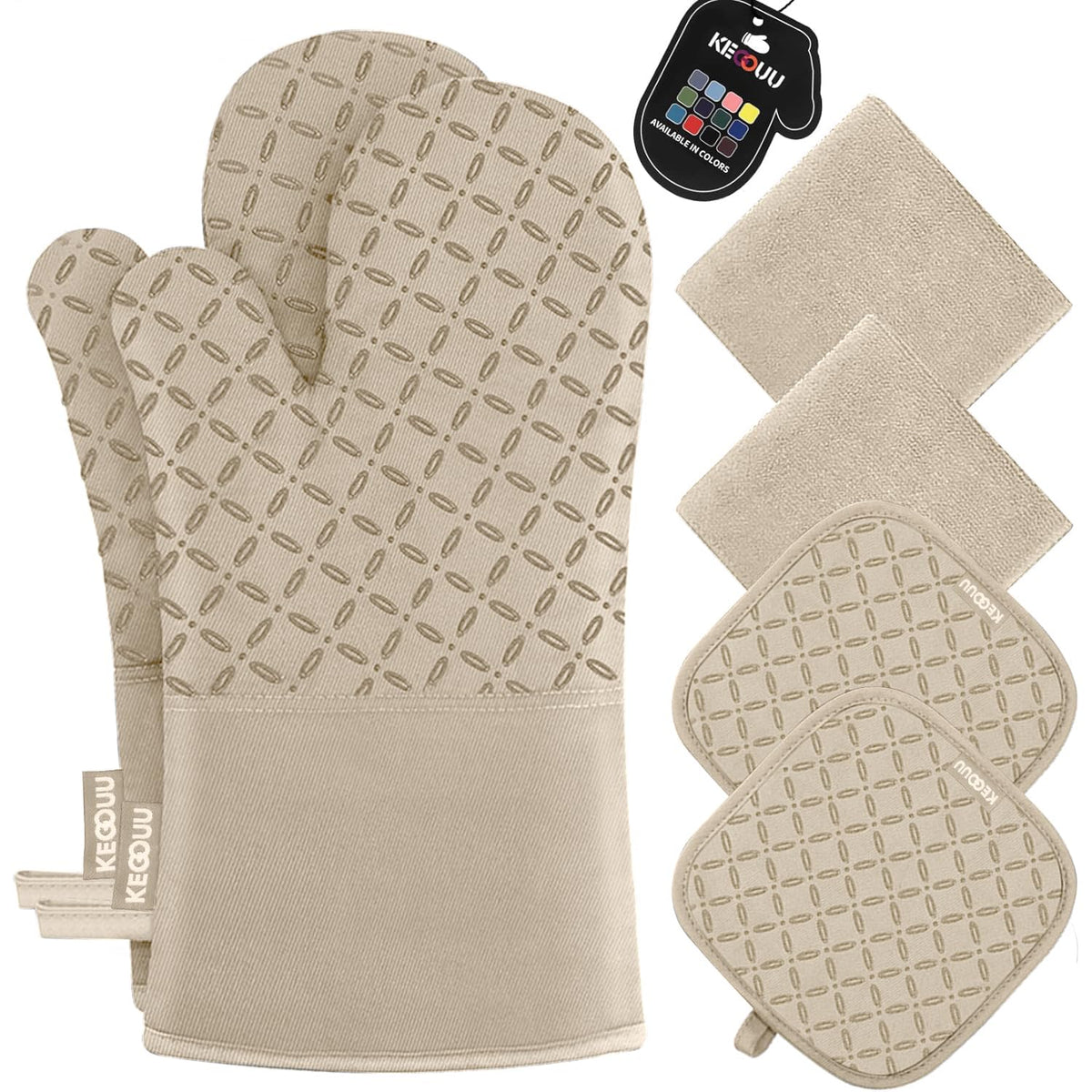 KEGOUU Oven Mitts and Pot Holders 6pcs Set, Kitchen Oven Glove High Heat Resistant 500 Degree Extra Long Oven Mitts and Potholder with Non-Slip Silicone Surface for Cooking (Grey)