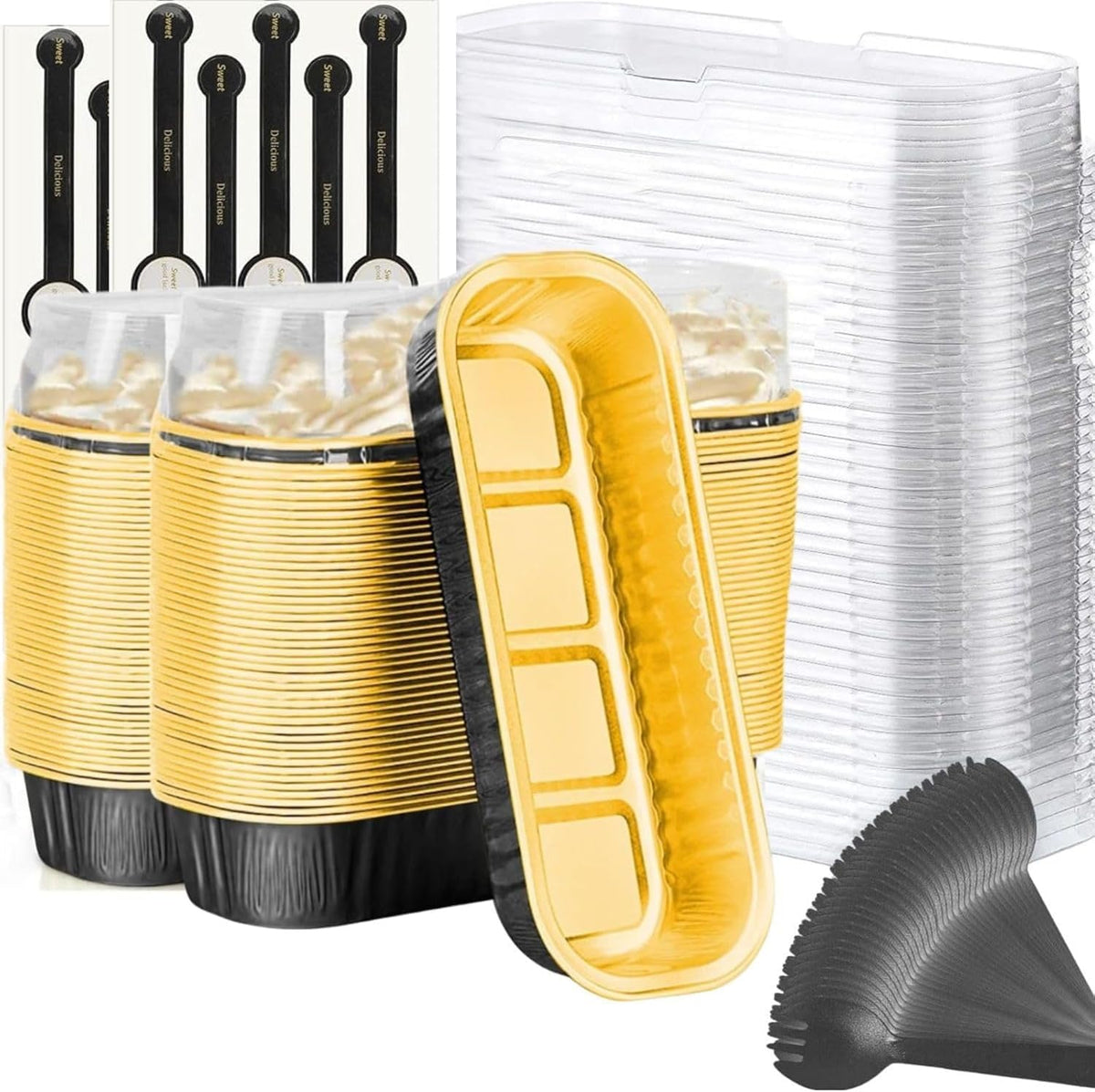 Findful Mini Loaf Baking Pans with Lids and Spoons (50 Pack, 6.8oz) Rectangle Aluminum Foil Baking Pans Tins Containers - Cupcake Containers Wrappers Cheesecake Creme Brulee Ramekins