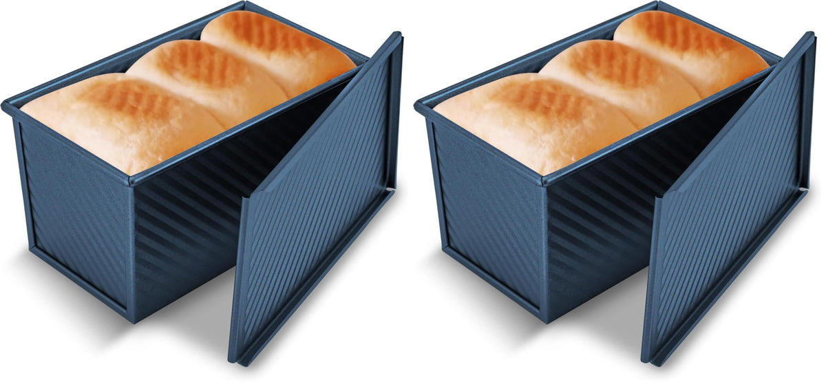 KITESSENSU Pullman Loaf Pan with Lid, 1 lb Dough Capacity Non-Stick Bakeware for Baking Bread, Carbon Steel Corrugated Bread Toast Box Mold with Cover for Baking Bread, Gold