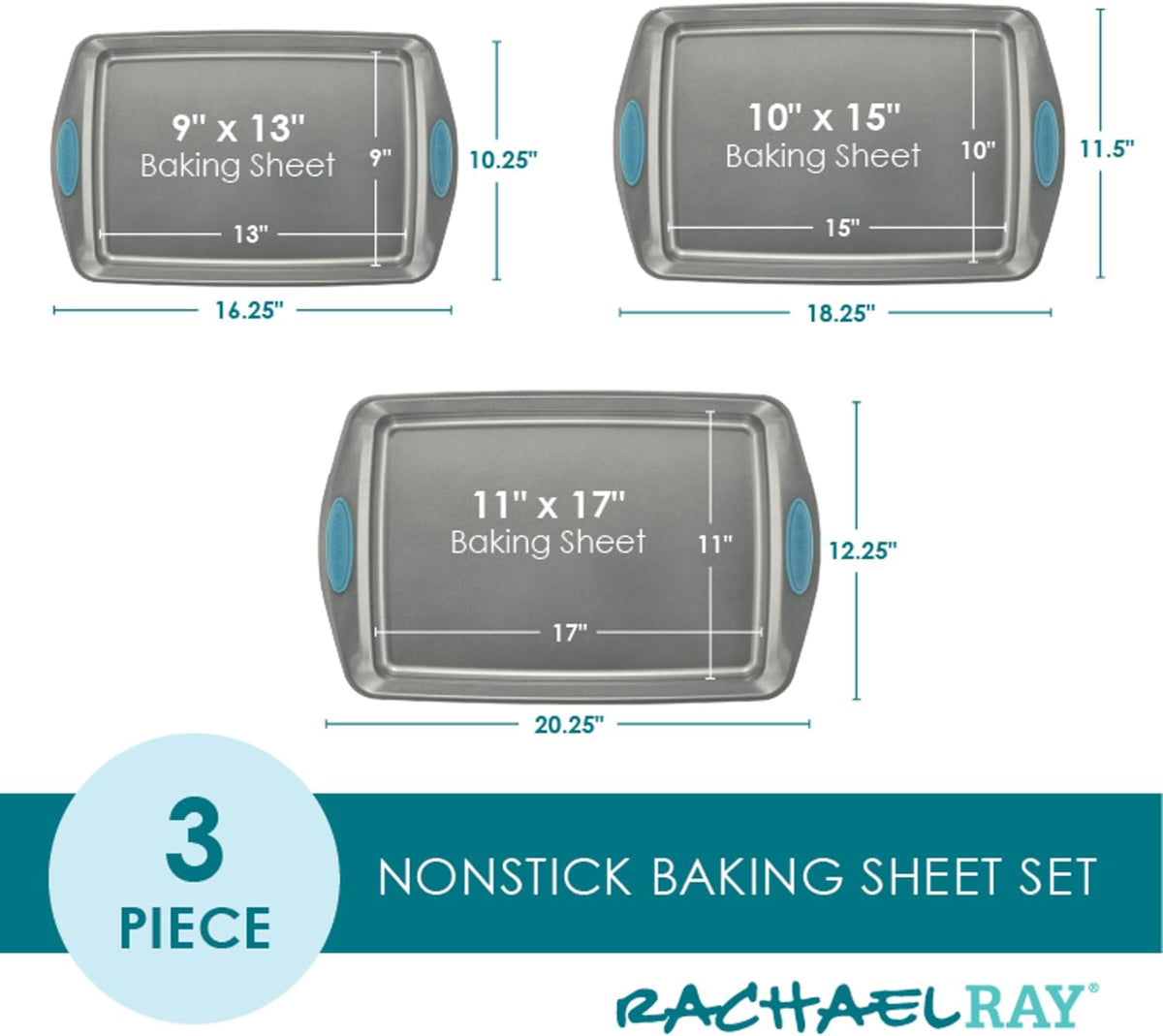 Rachael Ray Nonstick Bakeware Cookie Pan Set, Baking Sheets, 3-Piece, Gray