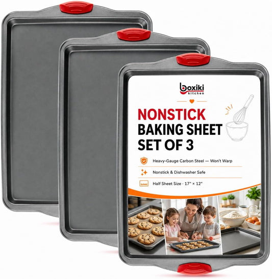 Premium Nonstick Baking Sheet Pans – Set of 3, Heavy-Gauge Carbon Steel, Warp, Dent, and Rust-Resistant – Gourmet Rimmed Half Cookie Sheet Trays, Non-Toxic for Exceptional Baking Performance