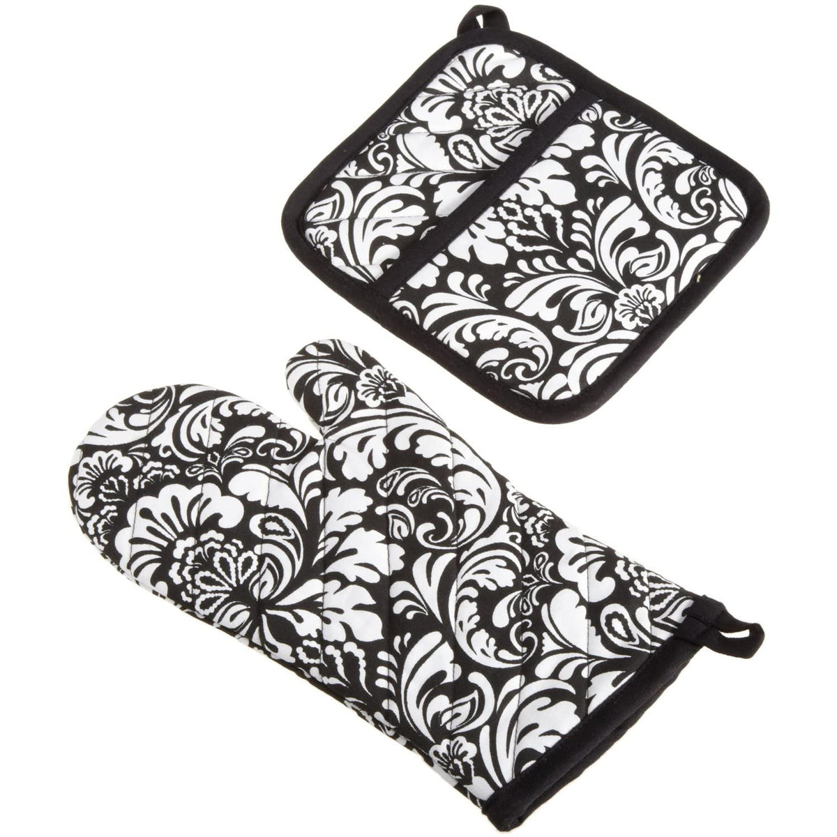 DII Quilted Kitchen Oven Mitt & Potholder Set, Hanging Loop for Convenient Storage, OM 6.5x12/PH 8x8.5, Black Damask Print, 2 Piece
