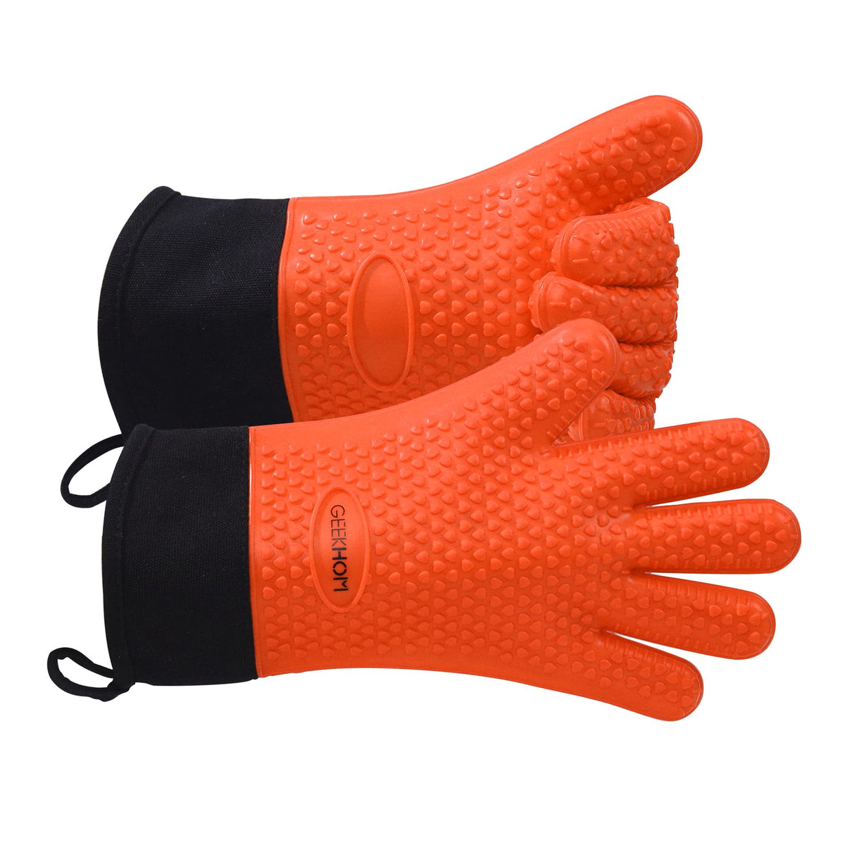 GEEKHOM BBQ Gloves Heat Resistant, 13.7 Inch Long Waterproof Silicone Oven Mitts for Grilling and Smoker, Non-Slip 5 Finger Kitchen Hot Mitts for Baking, Cooking & Cast Iron, Black