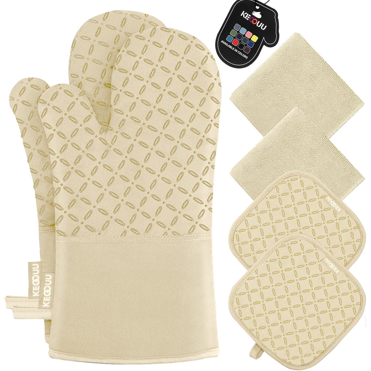 KEGOUU Oven Mitts and Pot Holders 6pcs Set, Kitchen Oven Glove High Heat Resistant 500 Degree Extra Long Oven Mitts and Potholder with Non-Slip Silicone Surface for Cooking (Grey)