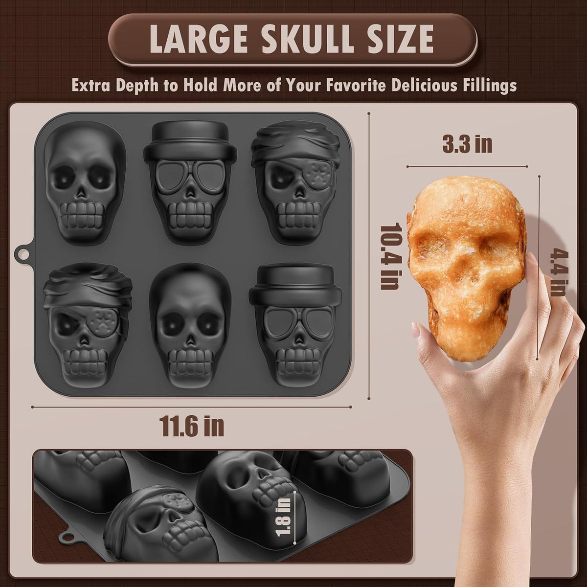 HKNMTT Halloween Silicone Molds for Baking Extra large, 6 Cavities 3D Skull Cake Pizza Pan Molds, Nonstick Halloween Skeleton Mold for Soap Ice 2PCS