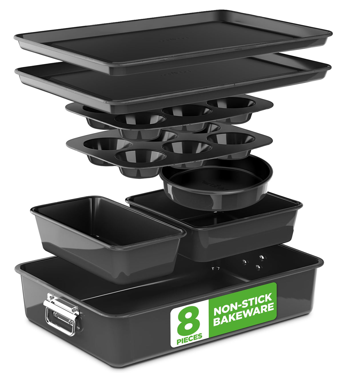 NutriChef 8-Piece Nonstick Stackable Bakeware Set - PFOA, PFOS, PTFE Free Baking Tray Set w/Non-Stick Coating, 450°F Oven Safe, Round Cake, Loaf, Muffin, Wide/Square Pans, Cookie Sheet (Blue)