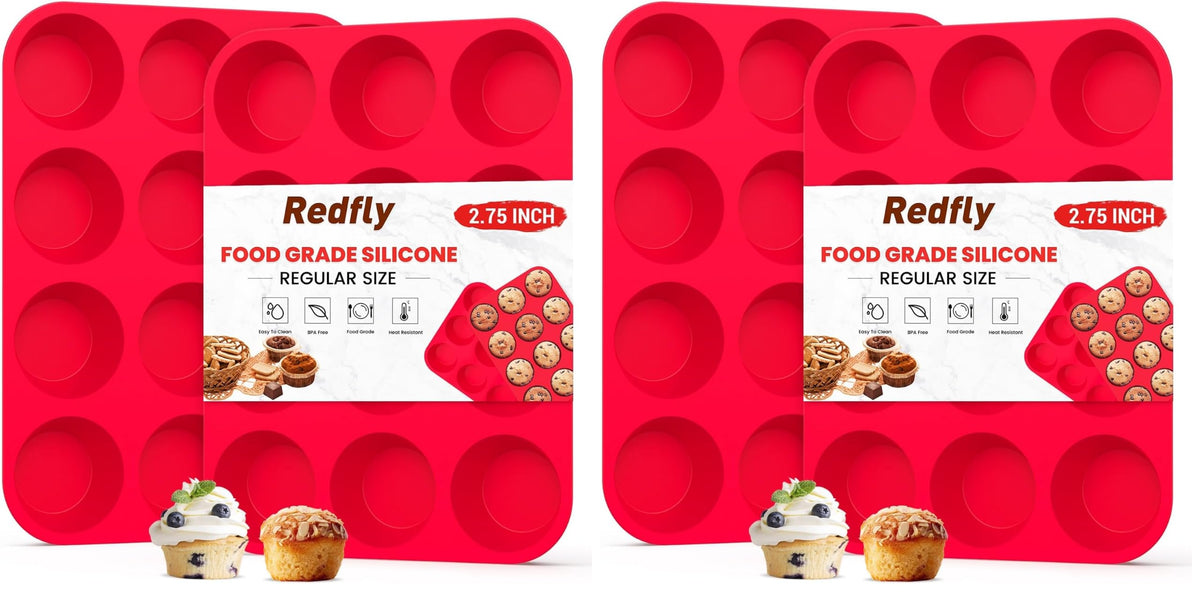Redfly 3 Pack Silicone Muffin Pans for Baking & Cupcake Pan - 12 Cup Regular Size Silicone Molds, BPA Free Egg Bites Mold