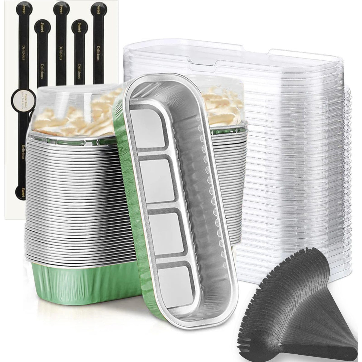 Findful Mini Loaf Baking Pans with Lids and Spoons (50 Pack, 6.8oz) Rectangle Aluminum Foil Baking Pans Tins Containers - Cupcake Containers Wrappers Cheesecake Creme Brulee Ramekins