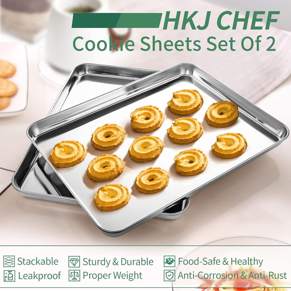 Baking Sheets Set of 2, HKJ Chef Cookie Sheets 2 Pieces & Stainless Steel Baking Pans & Toaster Oven Tray Pans, Rectangle Size 12.5Lx10Wx1H inch & Non Toxic & Healthy & Easy Clean