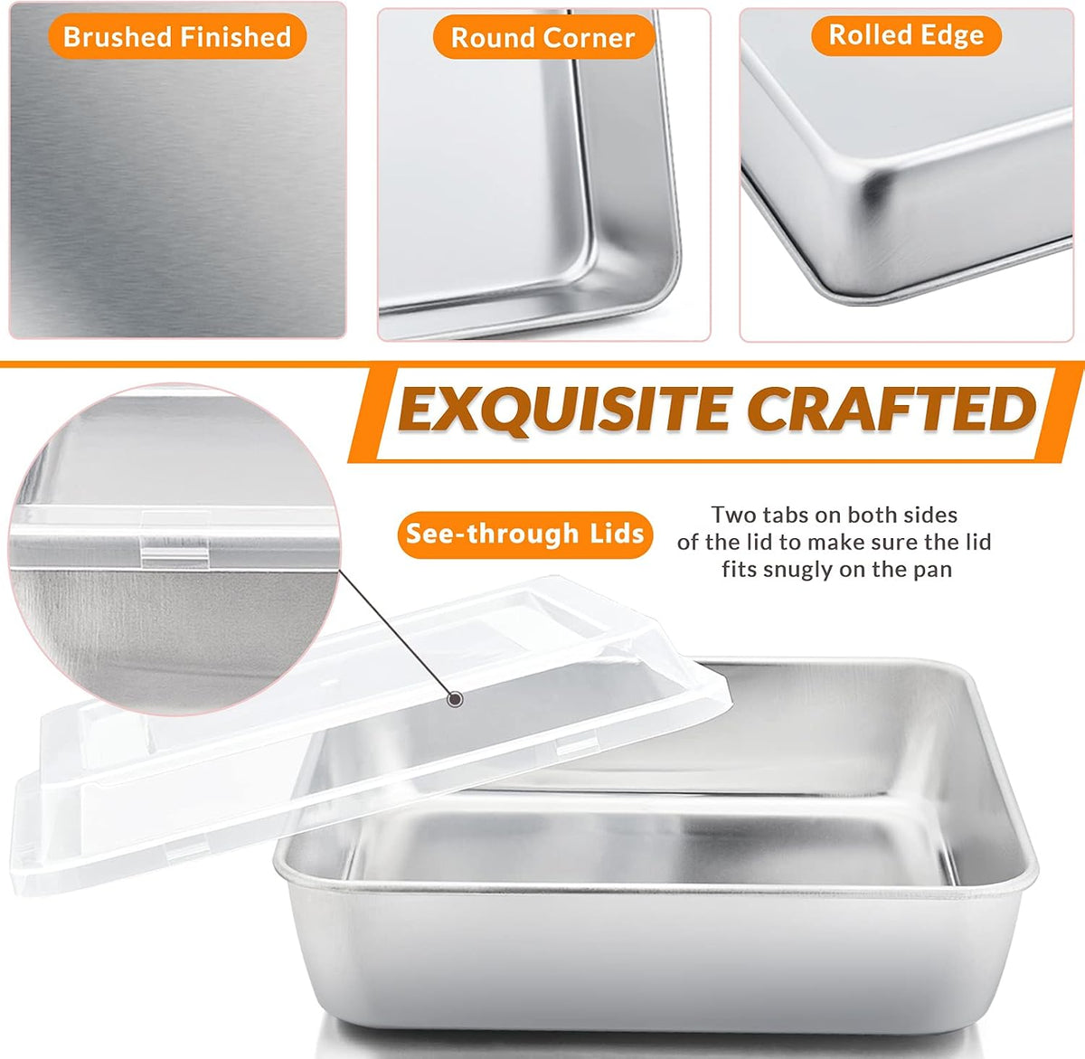 E-far 8 x 8-Inch Baking Pan with lid, Square Cake Brownie Baking Pans Stainless Steel Bakeware Set of 2, Non-toxic & Healthy, Easy Clean & Dishwasher Safe - 4 Pieces(2 Pans + 2 Lids)