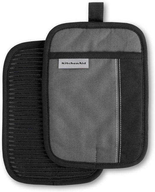 KITCHENAID Beacon Two-Tone Pot Holder 2-Pack Set, Contour Silver/Matte Black, 7"x10"