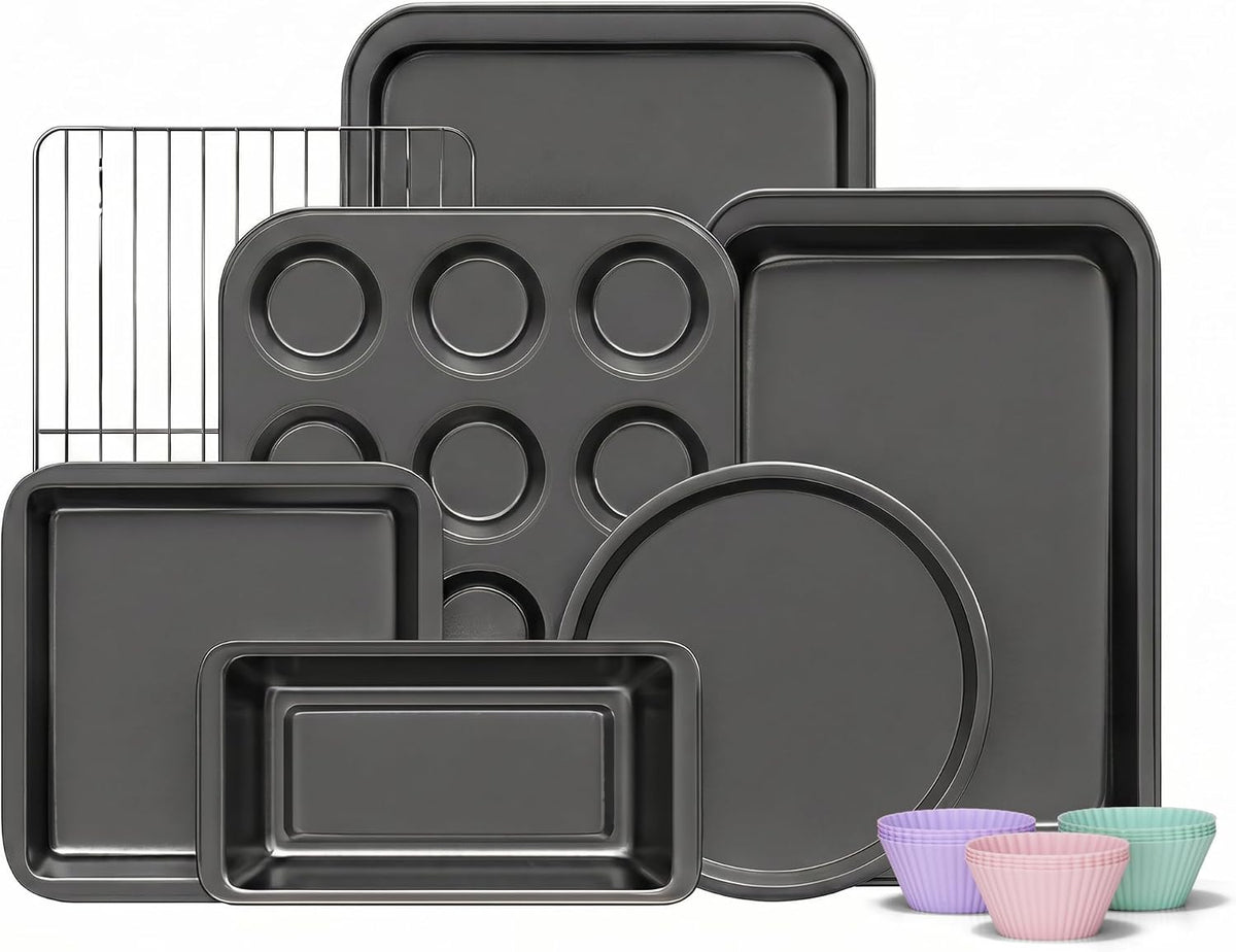 KITESSENSU Compact Baking Pans Sets, Nonstick Bakeware Sets 19-Piece with Round/Square Cake Pan, Loaf Pan, Muffin Pan, Cookie Sheet, Roast Pan, Cooling Rack, Carbon Steel Bake Set