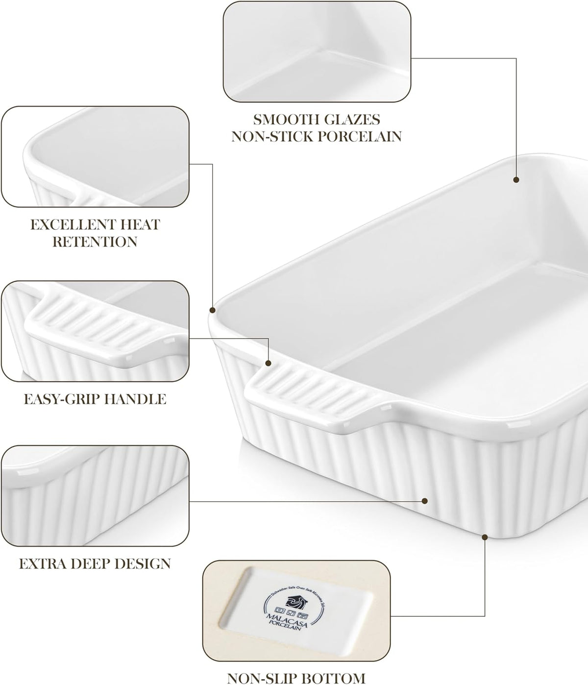 MALACASA 4.4QT Ceramic Casserole Dishes for Oven, 9x13 Baking Dishes, White