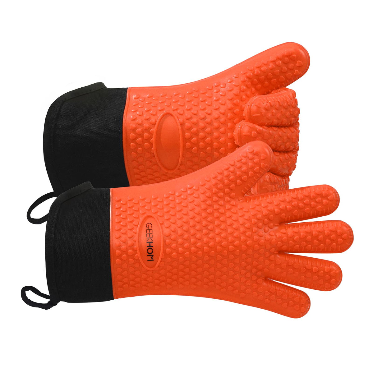 GEEKHOM BBQ Gloves Heat Resistant, 13.7 Inch Long Waterproof Silicone Oven Mitts for Grilling and Smoker, Non-Slip 5 Finger Kitchen Hot Mitts for Baking, Cooking & Cast Iron, Black