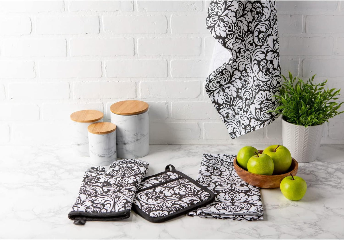 DII Quilted Kitchen Oven Mitt & Potholder Set, Hanging Loop for Convenient Storage, OM 6.5x12/PH 8x8.5, Black Damask Print, 2 Piece