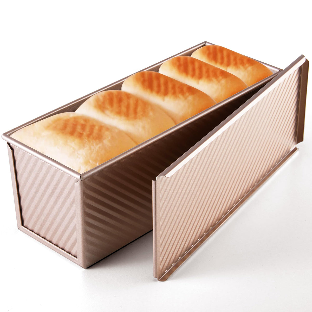 KITESSENSU Pullman Loaf Pan with Lid, 1 lb Dough Capacity Non-Stick Bakeware for Baking Bread, Carbon Steel Corrugated Bread Toast Box Mold with Cover for Baking Bread, Gold