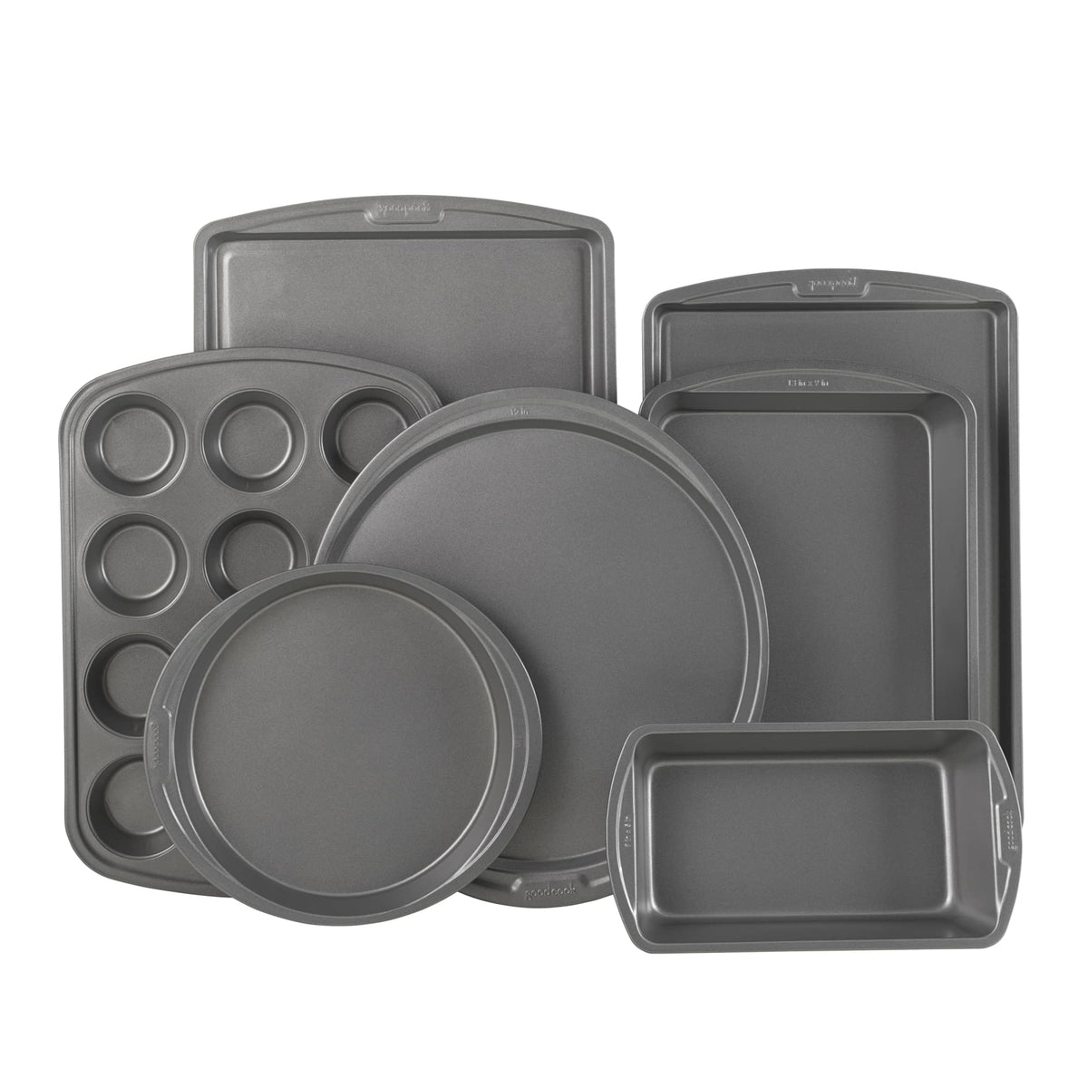GoodCook 4-Piece Nonstick Steel Toaster Oven Set with Sheet Pan, Rack, Cake Pan, and Muffin Pan, Gray, 4-Piece Set Distributes Heat Evenly, Nonstick Coating, Dishwasher-Safe