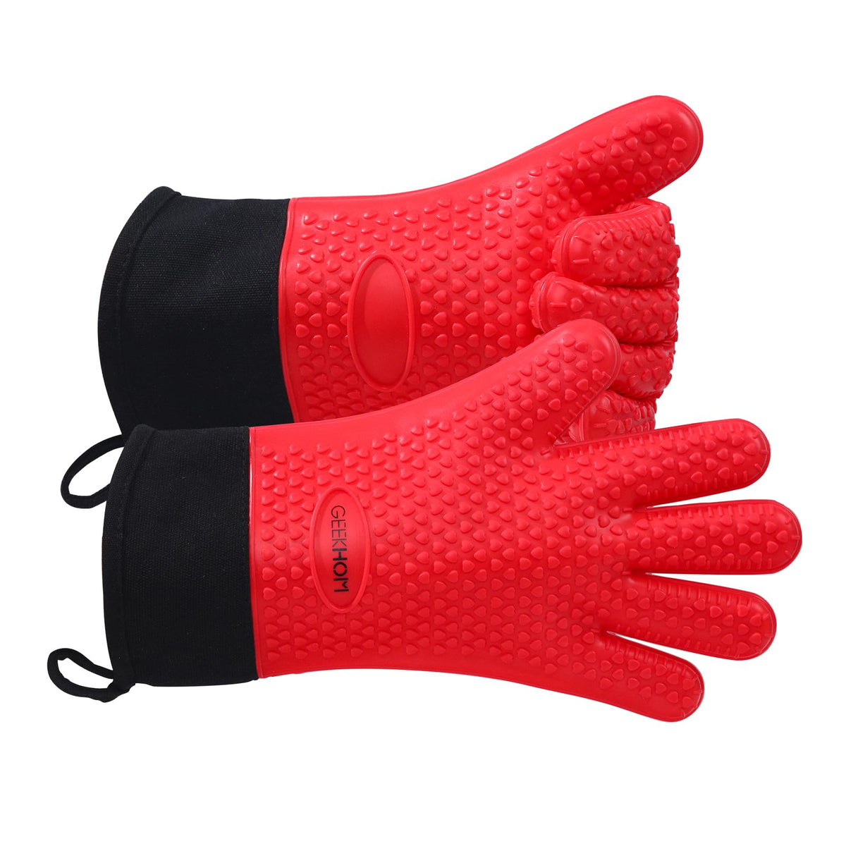 GEEKHOM BBQ Gloves Heat Resistant, 13.7 Inch Long Waterproof Silicone Oven Mitts for Grilling and Smoker, Non-Slip 5 Finger Kitchen Hot Mitts for Baking, Cooking & Cast Iron, Black