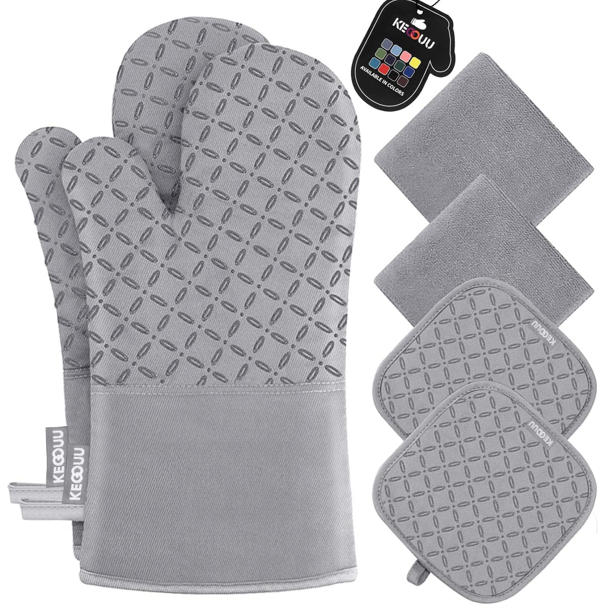 KEGOUU Oven Mitts and Pot Holders 6pcs Set, Kitchen Oven Glove High Heat Resistant 500 Degree Extra Long Oven Mitts and Potholder with Non-Slip Silicone Surface for Cooking (Grey)