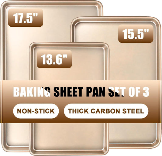 Baking Sheet Pan Set of 3, Nonstick Commercial Cookie Sheets for Baking