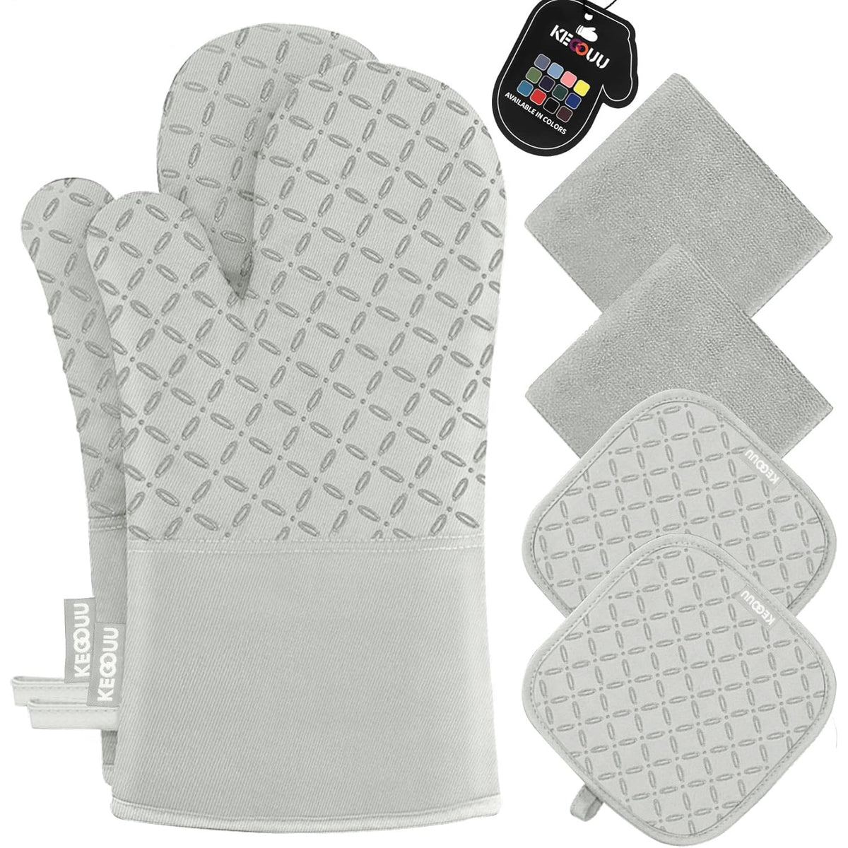 KEGOUU Oven Mitts and Pot Holders 6pcs Set, Kitchen Oven Glove High Heat Resistant 500 Degree Extra Long Oven Mitts and Potholder with Non-Slip Silicone Surface for Cooking (Grey)