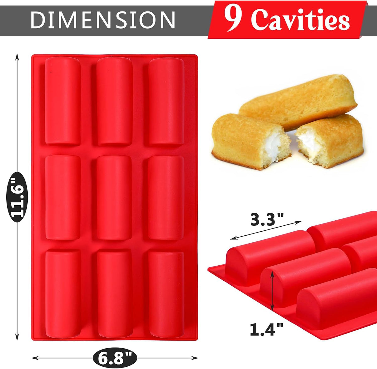 Webake Silicone Cream Canoe Pan, 9-Cavity Mini Log Cake Mold for Baking, Oblong Filled Snack Cake Mold for Mousse, Pudding and Desserts