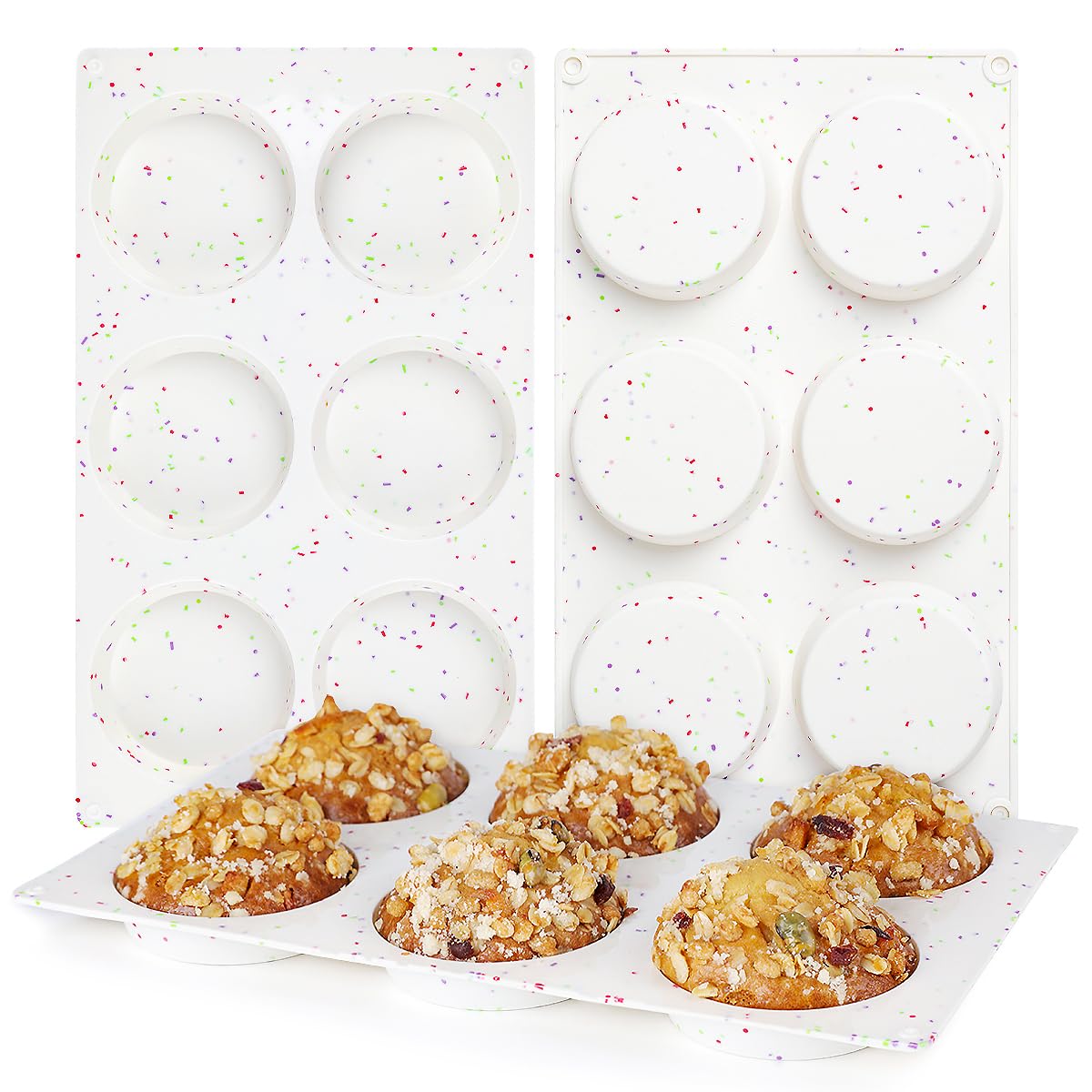 CAKETIME 4 Inch Muffin Top Pan, Silicone Egg Molds for Breakfast Sandwiches Jumbo Round Baking Pan for Oven English muffins, Whoopie Pies, Corn Bread, Egg bites, Tarts 2 Pack Confetti