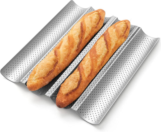 Pavsrmy Baguette Bread Pan, Premium Nonstick Perforated Baguette Pan for French Bread Baking, 4 Loaves Baguette Baking Tray for Sourdough, Italian Bread, Perfect for Creating Crisp Golden-Brown Crust