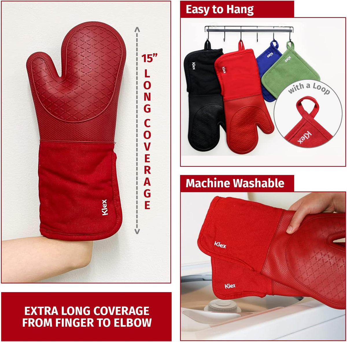 Klex Extra Long Silicone Oven Mitts and Pot Holders, 932°F Degrees Heat Resistance with Quilted Liner Oven Gloves and Hot Pads, 4 Piece Set, 15 inch, Red