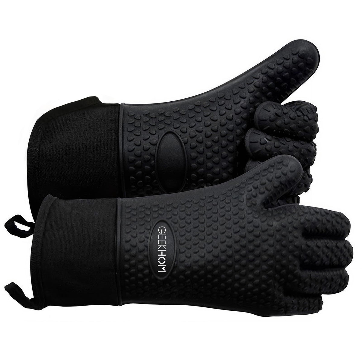 GEEKHOM BBQ Gloves Heat Resistant, 13.7 Inch Long Waterproof Silicone Oven Mitts for Grilling and Smoker, Non-Slip 5 Finger Kitchen Hot Mitts for Baking, Cooking & Cast Iron, Black
