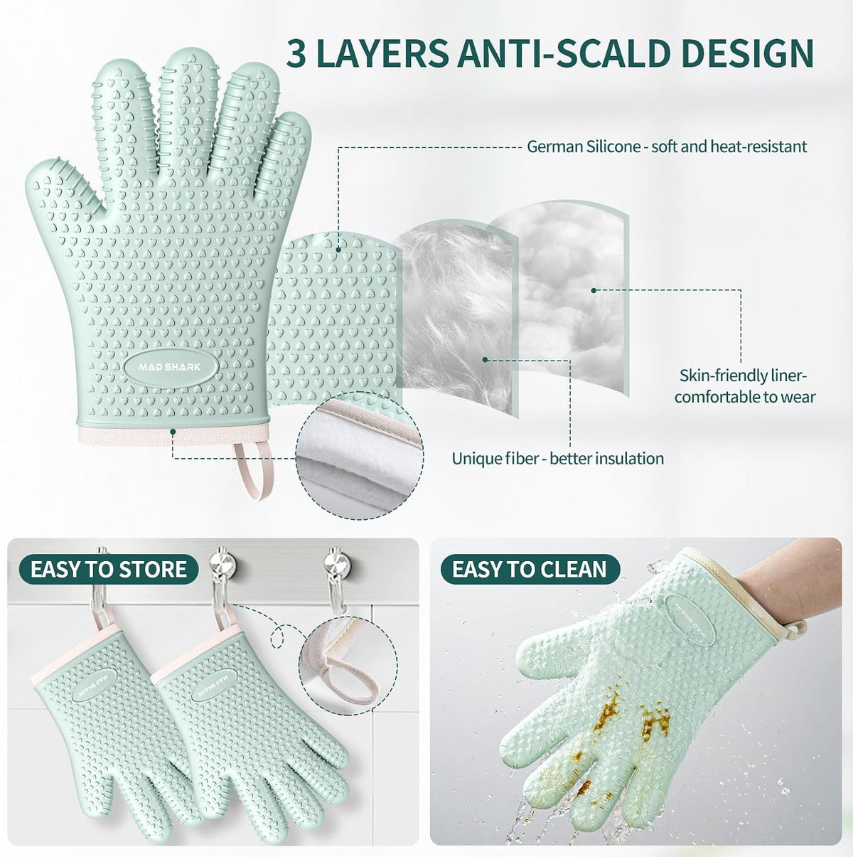 MAD SHARK Silicone Oven Mitts with Fingers Heat Resistant 450°F in Kitchen