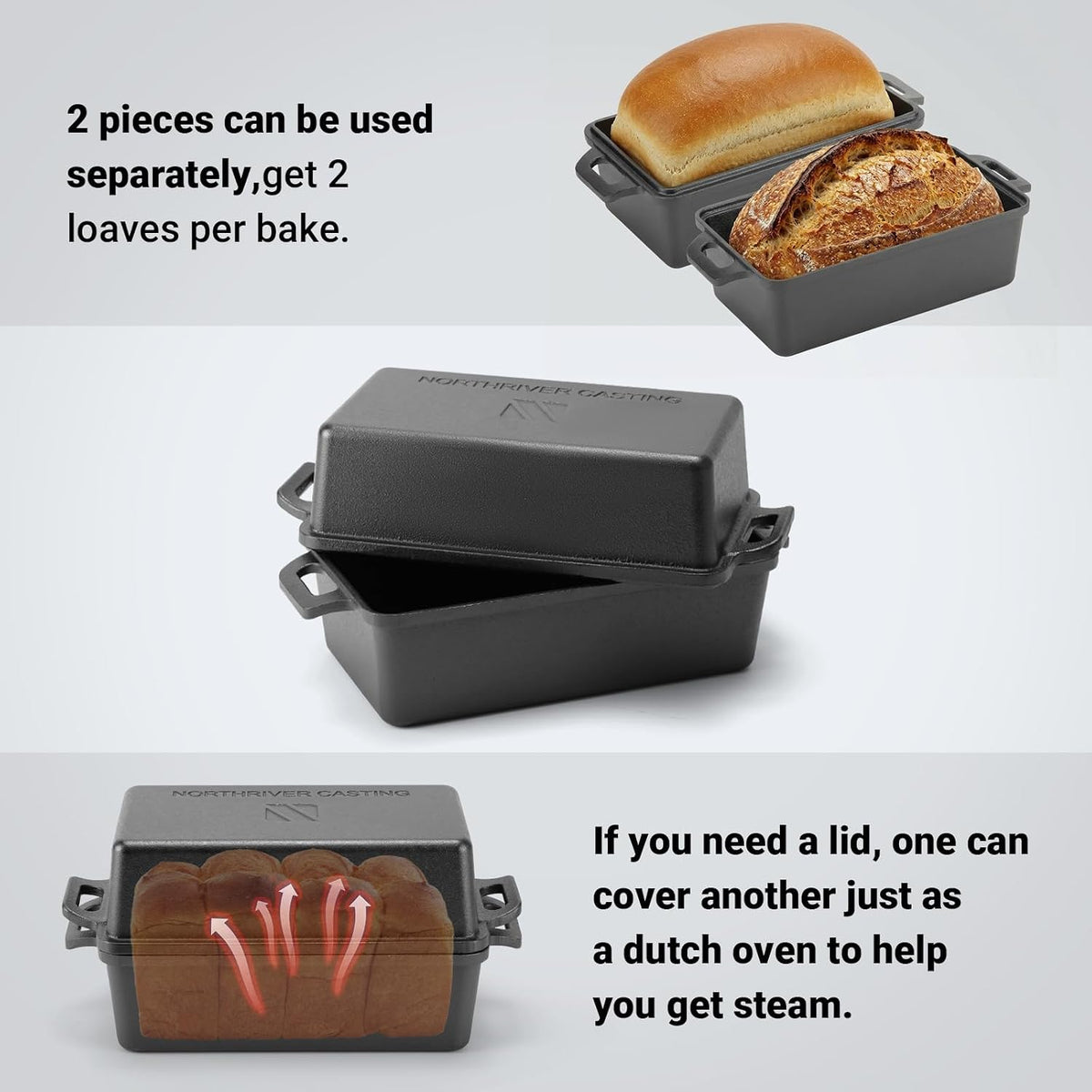 Northriver Casting 9×5 Inch Cast Iron Loaf Pan with Lid | Bread Baking Pan | Even Heat Distribution for Homemade Bread, Cake, and Meatloaf | 2 Piece Set