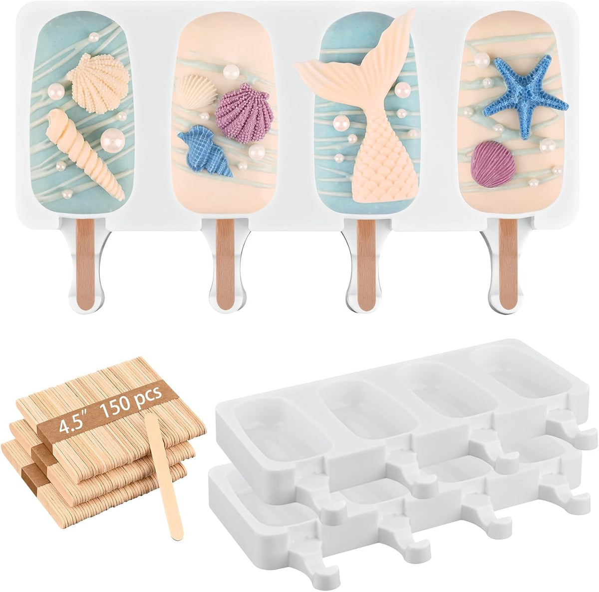 Sakolla 3 Pack 4 Cavity Popsicle Silicone Molds with 100 Pcs Wooden Sticks