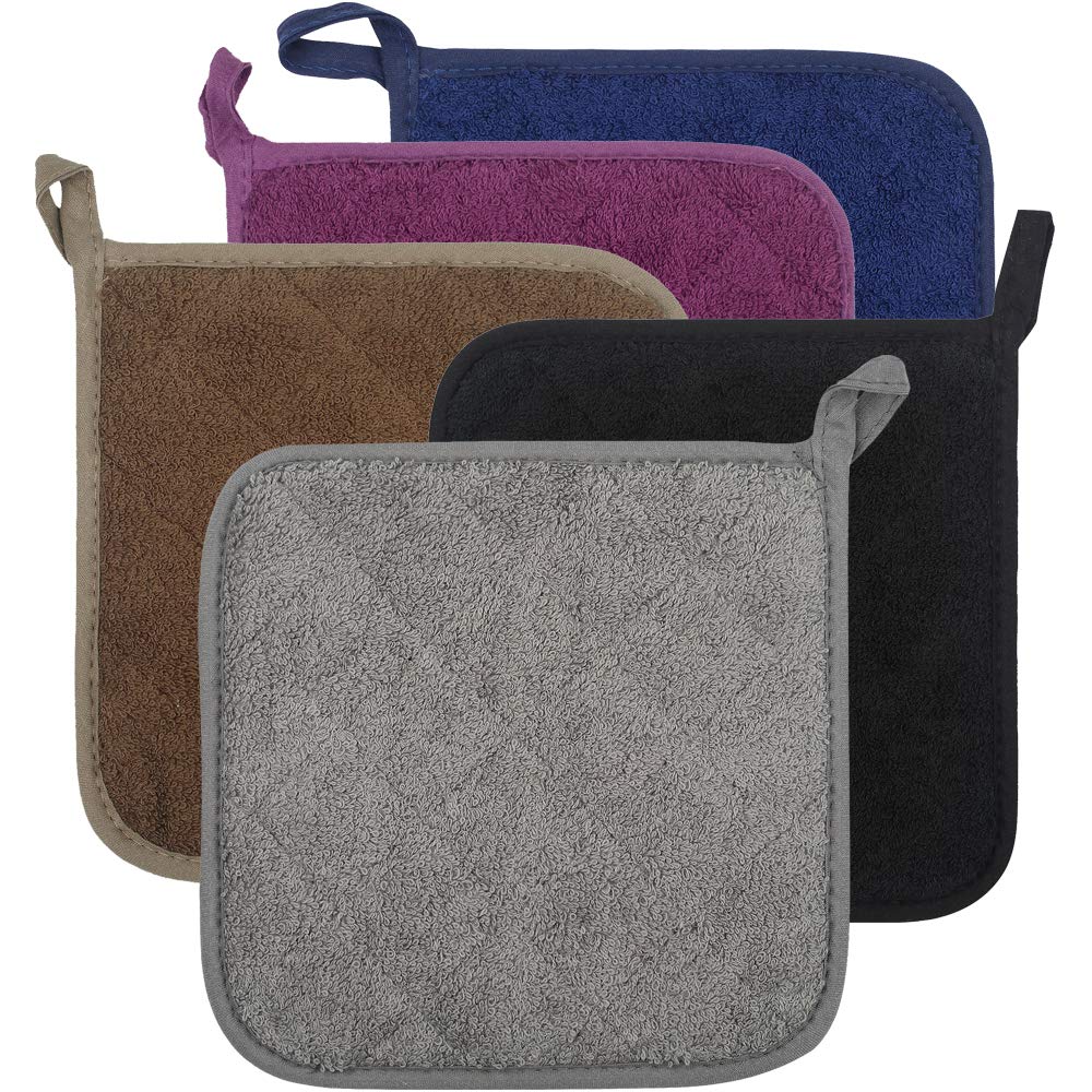 100% Cotton Kitchen Everyday Basic Terry Pot Holder Heat Resistant Coaster Potholder for Cooking and Baking Set of 5 Brown
