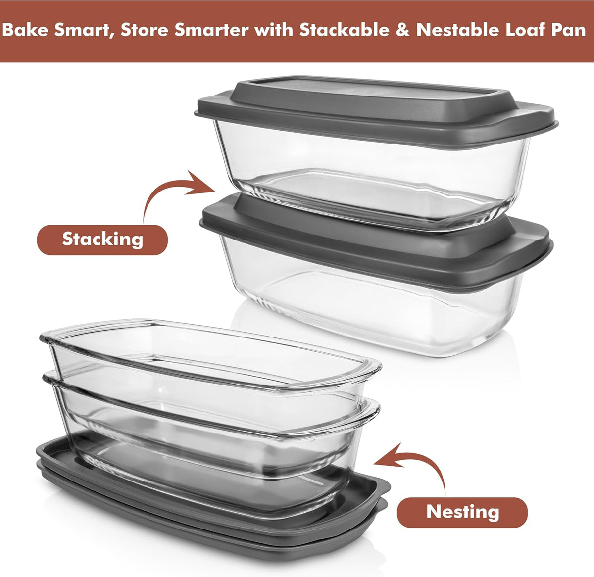 Razab (2 Pack Large 7.6 Cups / 1800 Ml / 1.9 Qt Glass Loaf Pans with Lids