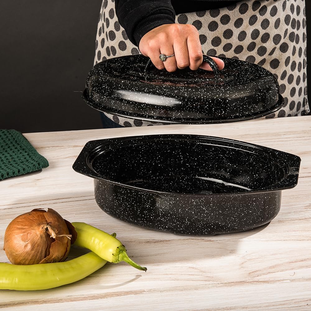 Granite Ware 13" Oval Roaster with Lid – Enameled Steel, Oven Safe to 932°F – Ideal for Roasting, Baking & Sourdough Bread – Self-Basting Cover, Dishwasher Safe, 7 lb Capacity