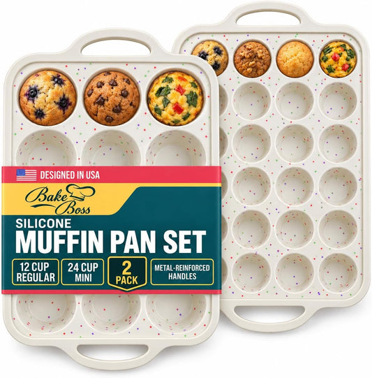 Silicone Muffin Pans, 2-Pack Regular 12 Cup & Mini 24 Cup, BPA-Free