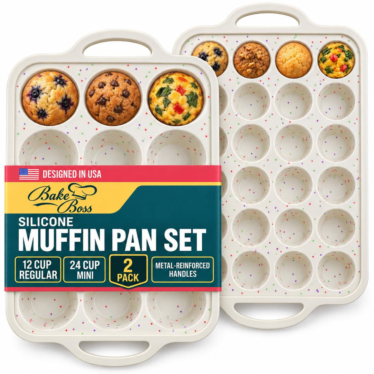 Silicone Muffin Pans, 2-Pack Regular 12 Cup & Mini 24 Cup, BPA-Free