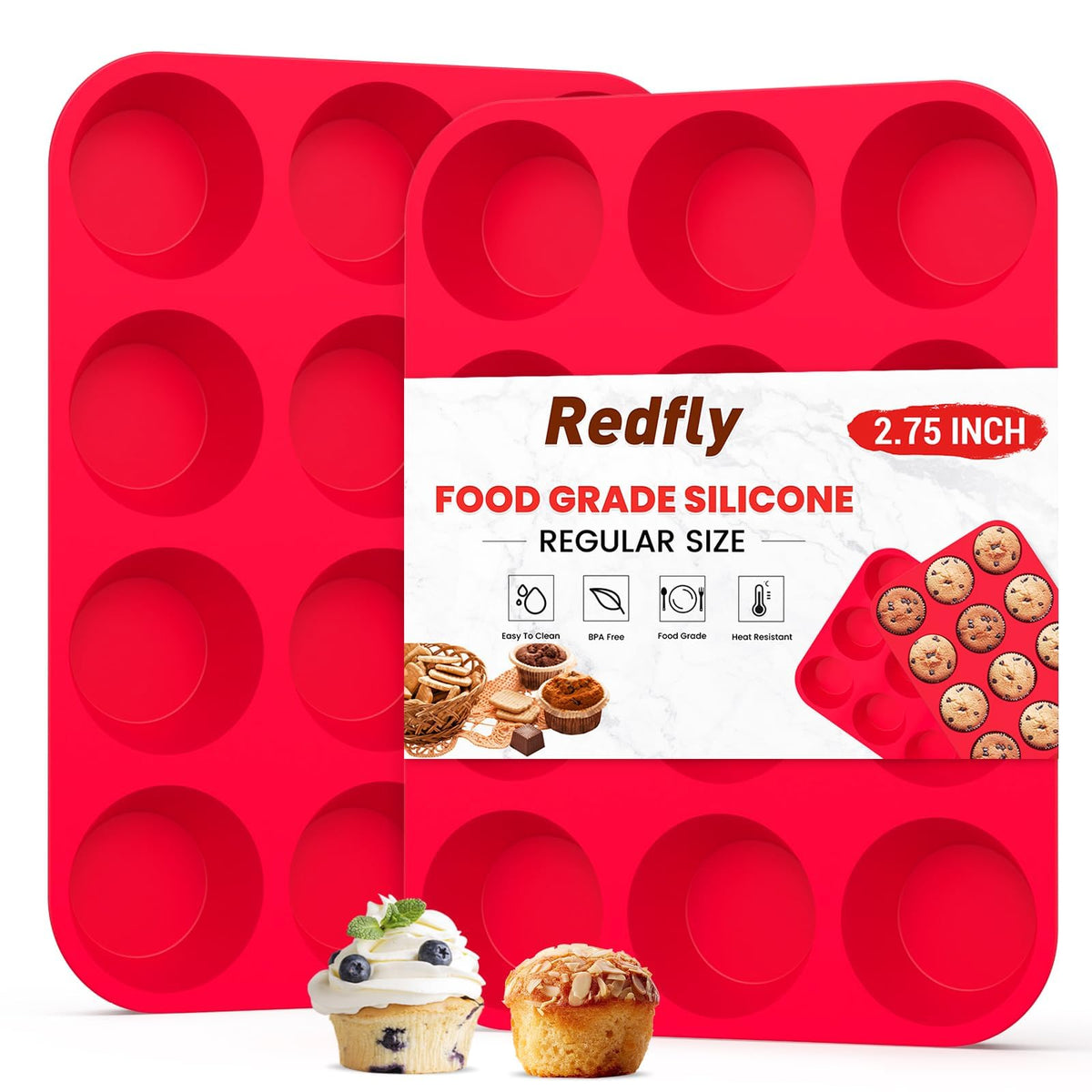 Redfly 3 Pack Silicone Muffin Pans for Baking & Cupcake Pan - 12 Cup Regular Size Silicone Molds, BPA Free Egg Bites Mold