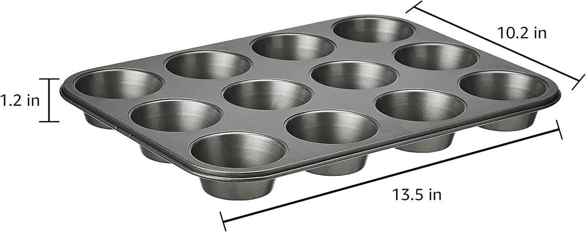Amazon Basics Nonstick Muffin Pan, Set of 2, Sturdy, Oven Safe, Bakes Evenly, Easy to Clean, 12 Cups, Gray, 13.9x10.55x1.22"