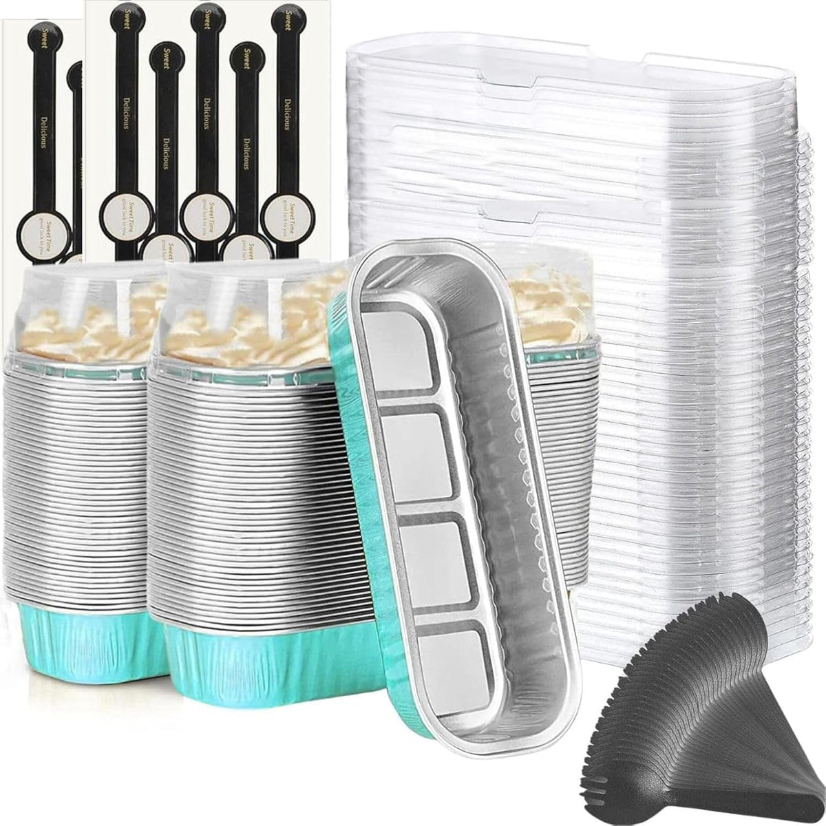 Findful Mini Loaf Baking Pans with Lids and Spoons (50 Pack, 6.8oz) Rectangle Aluminum Foil Baking Pans Tins Containers - Cupcake Containers Wrappers Cheesecake Creme Brulee Ramekins