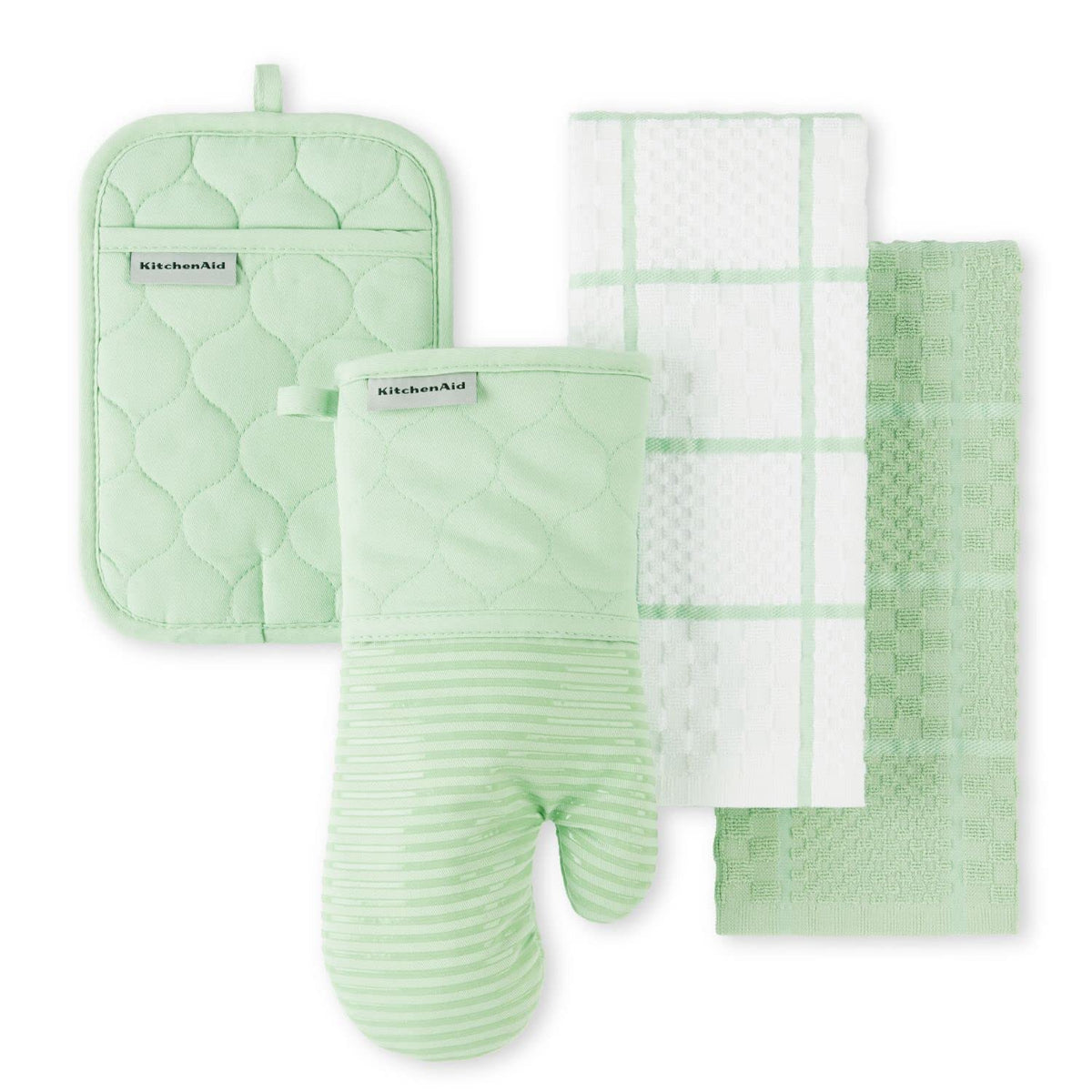 KITCHENAID Quilted Cotton Terry Cloth Oven Mitt, Pot Holder, Kitchen Towel 4-Pack Set, Heat Resistant, Silicone Grip, 16"x26", 7"x13" & 7"x10", Milkshake Tan