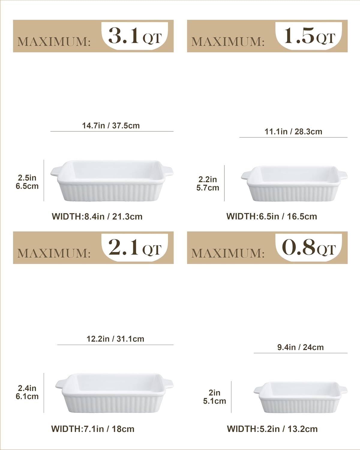MALACASA Casserole Dishes for Oven, Ceramic Baking Dishes Set of 4, White