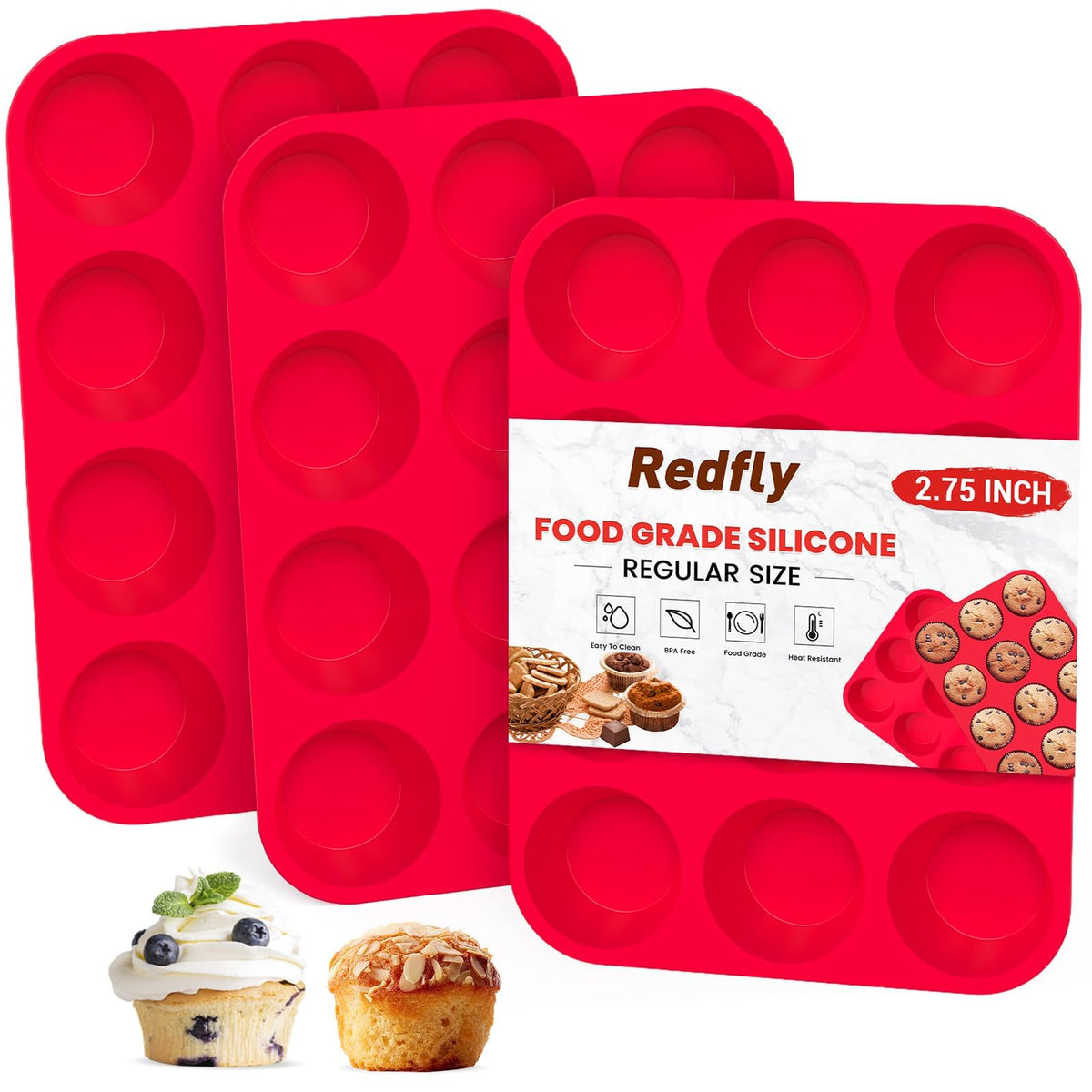 Redfly 3 Pack Silicone Muffin Pans for Baking & Cupcake Pan - 12 Cup Regular Size Silicone Molds, BPA Free Egg Bites Mold