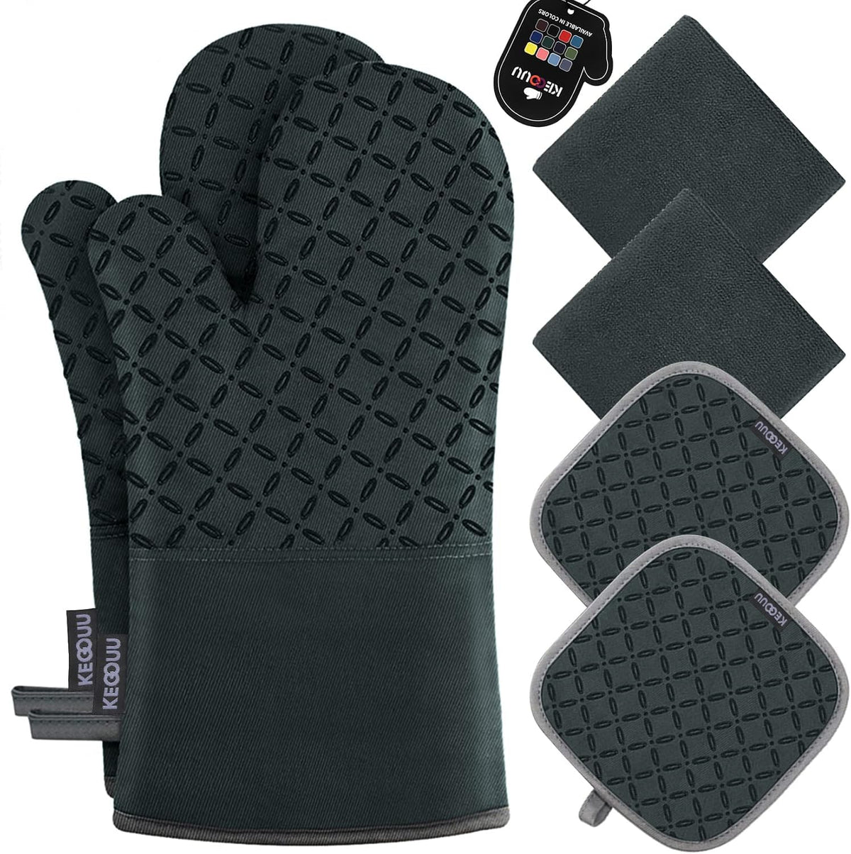 KEGOUU Oven Mitts and Pot Holders 6pcs Set, Kitchen Oven Glove High Heat Resistant 500 Degree Extra Long Oven Mitts and Potholder with Non-Slip Silicone Surface for Cooking (Grey)