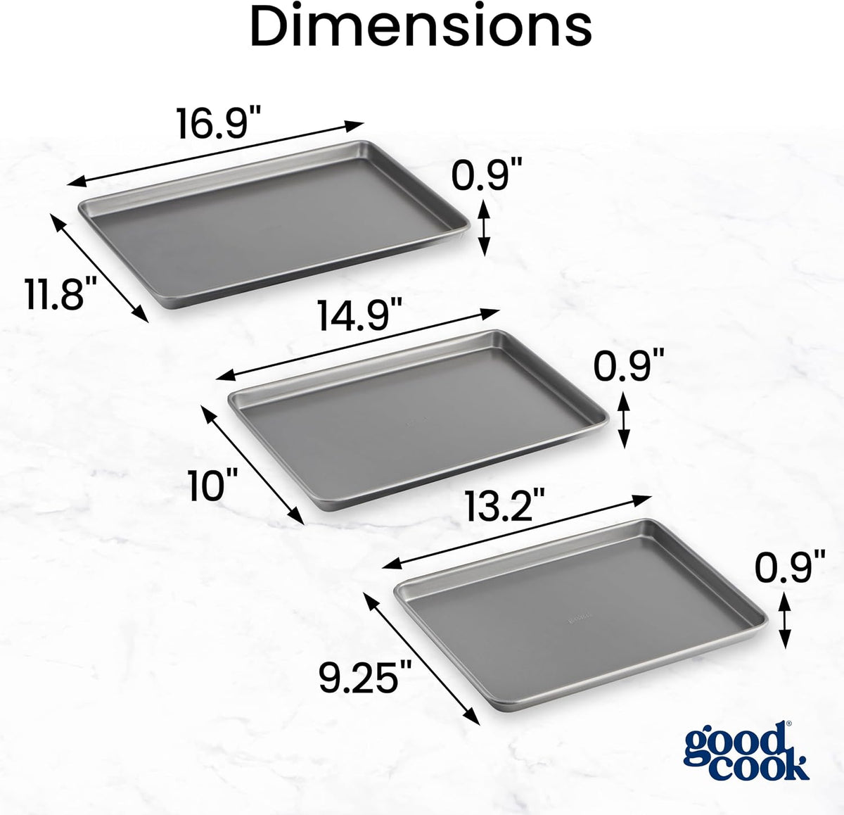 GoodCook Everyday Nonstick Baking Sheet Set, 3 Pack Includes Small (13×9) Medium (15×1) and Large (17×11) Pans Carbon Steel Construction Cookie Sheets Bakeware Set, Gray