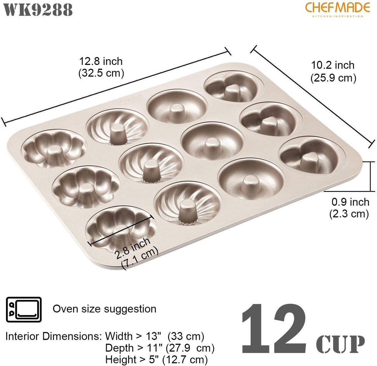 CHEFMADE Donut Mold Cake Pan, 12-Cavity Non-Stick Pattern Doughnut Bakeware for Oven Baking (Champagne Gold)