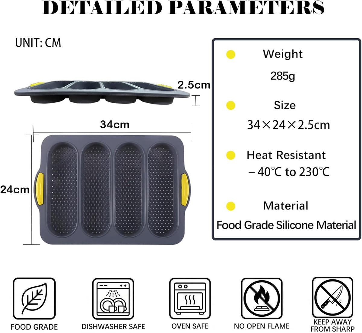 Silicone Bread Loaf Pan, Nonstick Baguette Bread Pan, 4-cavity