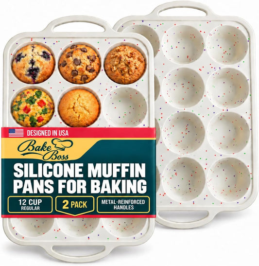 BAKE BOSS Silicone Muffin Pans, 2-Pack Regular 12 Cup, BPA-Free