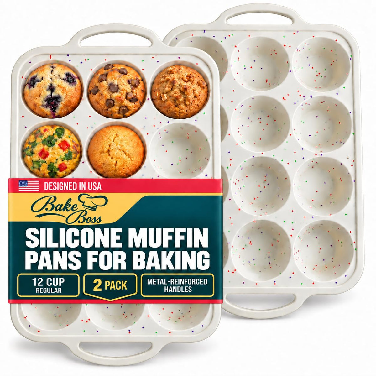 BAKE BOSS Silicone Muffin Pans, 2-Pack Regular 12 Cup, BPA-Free